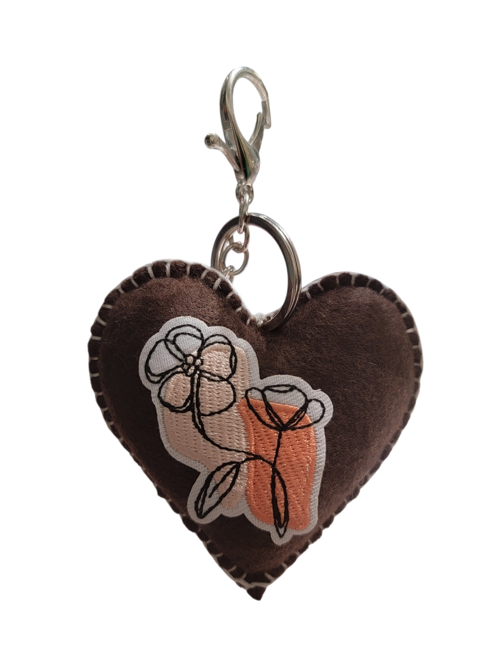 Heart-Shaped Brown Floral Keychain Charm